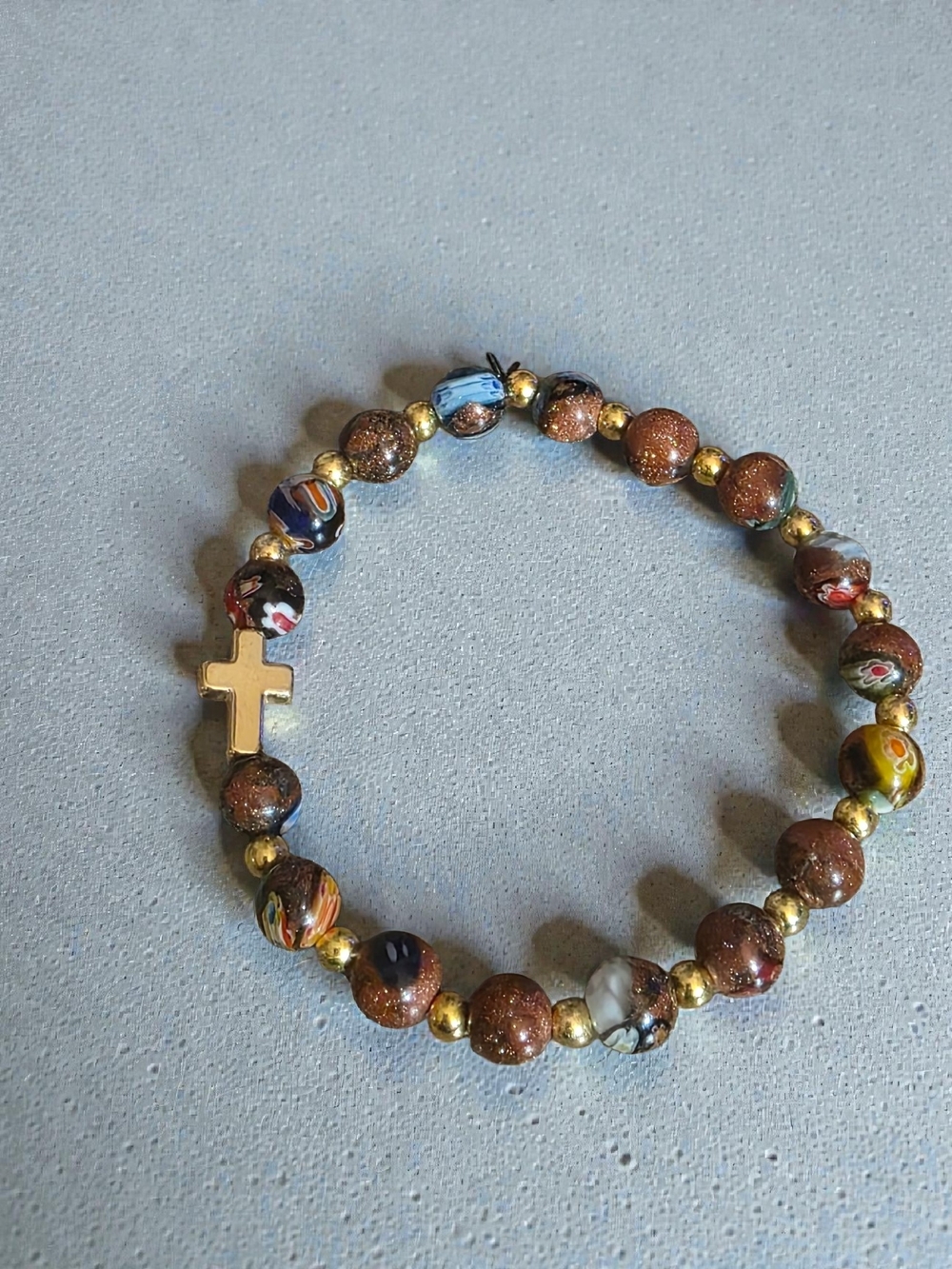 Styleandstone Gold Cross Goldstone Millefiori Beaded Bracelet